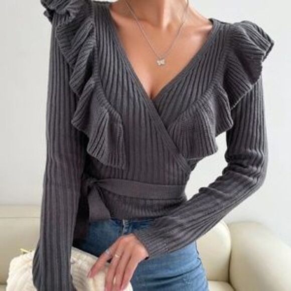 New Cozy Ruffle Ribbed Cropped Sweater Top - Picture 2 of 8